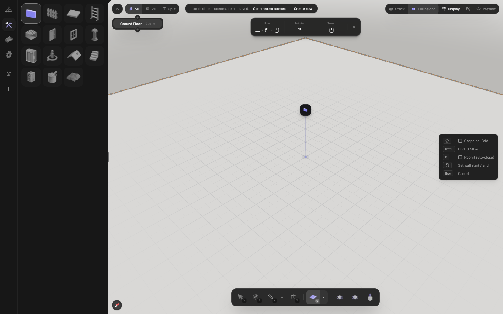Pascal Editorの3D編集画面。中央に薄いグリッドの地面(Ground Floor 2.5m)が広がり、左端に壁・床・ドア・窓・階段・MEPなどの建築ツールパレット、上部にPan/Rotate/Zoomのカメラ操作ヘルプ、右下に「Snapping: Grid / Grid: 0.50m / Set wall start / end」という壁ツールのヒントが表示されている