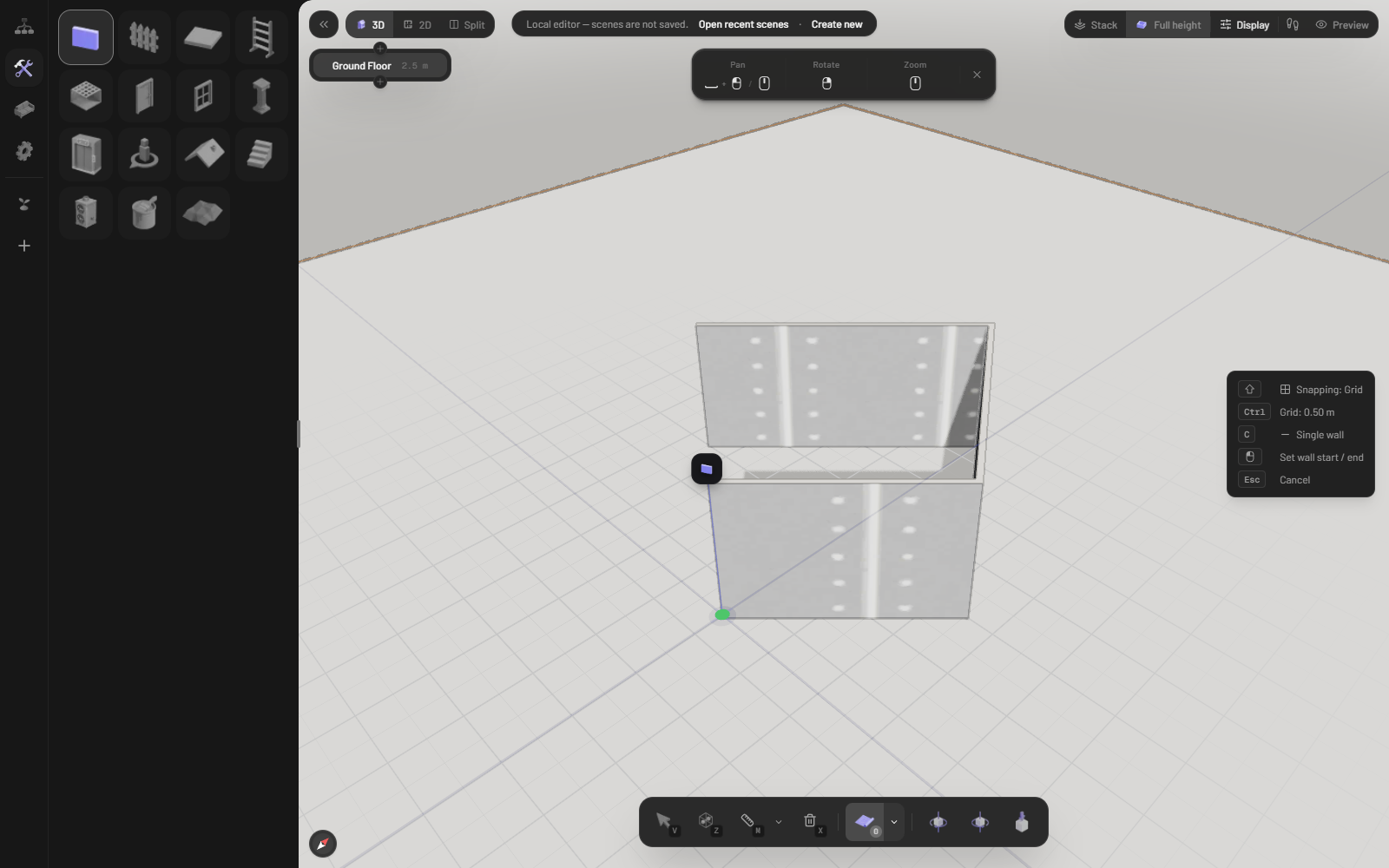 3D空間に立ち上がった3枚の壁。内側の面にスタッド(間柱)のフレーミングが見え、床の始点に緑色の頂点マーカーが表示されている。囲いの一角が開いた状態で、右側には壁ツールの継続モードのヒントが出ている